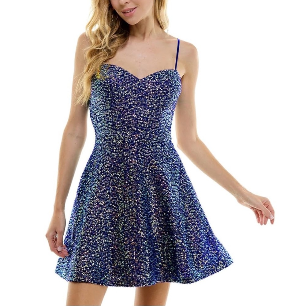 City Studio Blue Sequin Cutout Fit & Flare Dress Size‎ 15/16 NWT